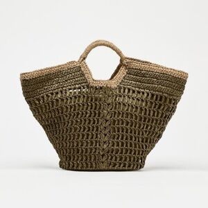 ✨ ZARA Olive Green & Tan Crocheted Woven Straw Tote Bag (NEW) ✨